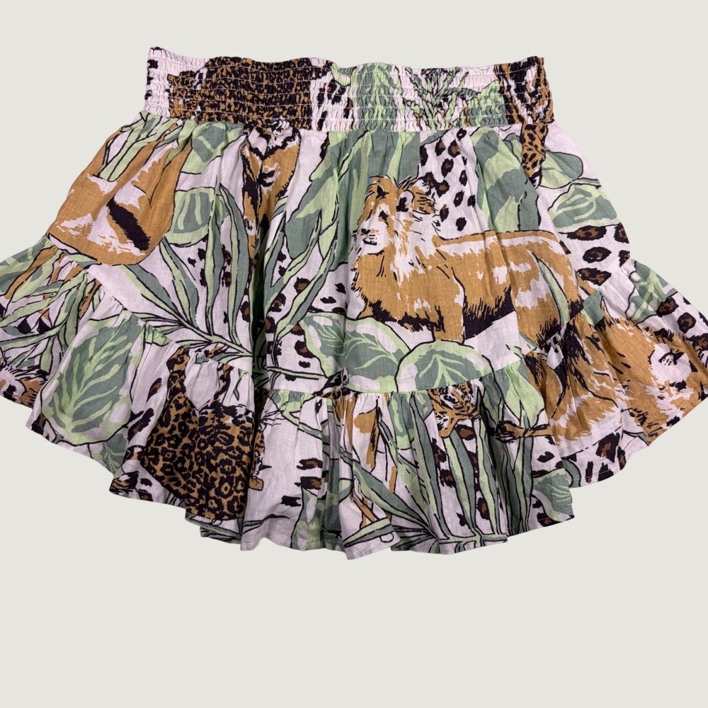 Aerie Mini Skirt Jungle Lion Leopard Print Smocked Ruffle Boho Maximist Women L